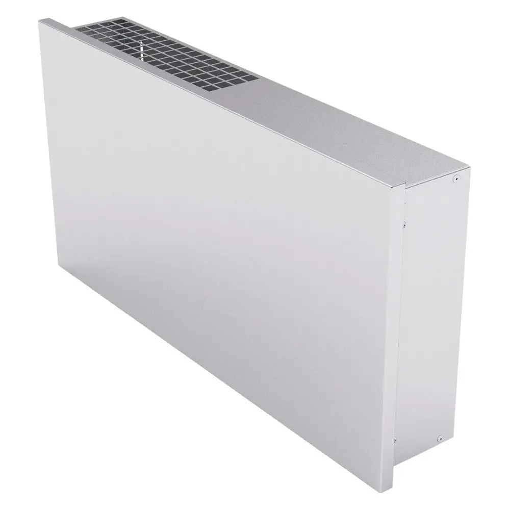 Edelstahl-Doppelfassadendurchführung für Rohre, präsentiert von Vaillant, mit luftdurchlässigem Gitter oben. Funktionales Design zur Wandmontage.